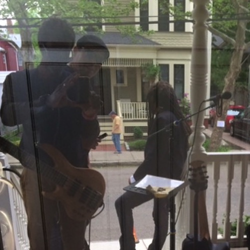 pre-show reflective selfie by Bryan, with Derrick and Noel